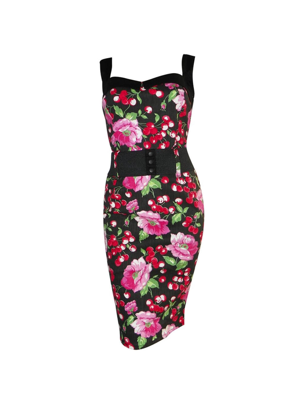 Switchblade Stiletto Pinup Rockabilly Retro Floral And Cherry Pattern Dress Sz L